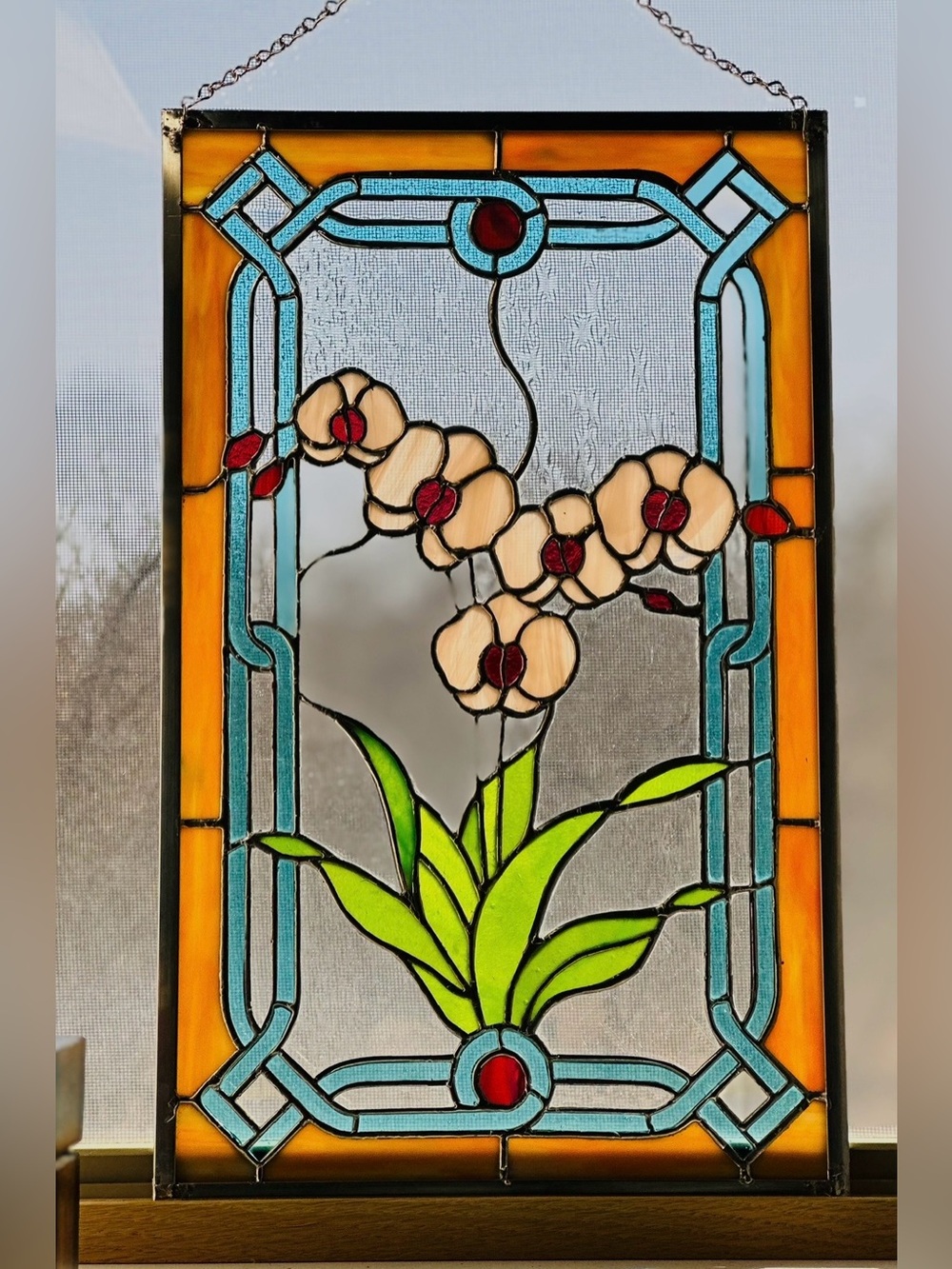 Handmade Stained Glass Window Hanging Panel, Suncatcher Orchid Flowers